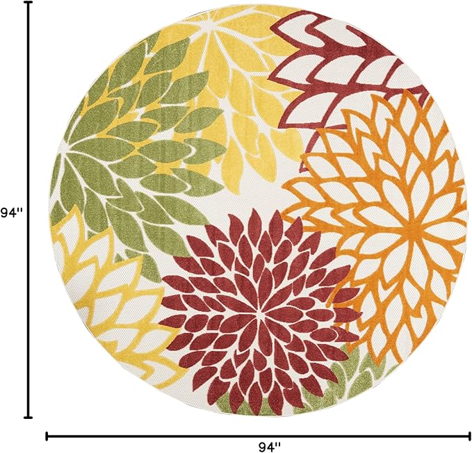 Nourison Aloha 94" Round Fabric Indoor/Outdoor Rug in Red Multi-Color