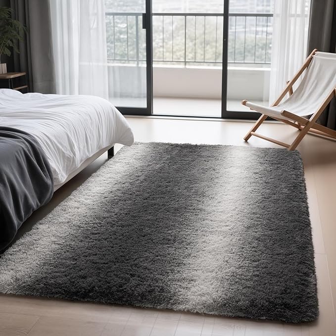 Zentavio Area Rugs for Living Room Rugs for Bedroom 4x6 Carpet Fluffy Soft Shag Aesthetic Plush High Pile Gray Throw Rug for Nursery Kids Room Dorm Grey White