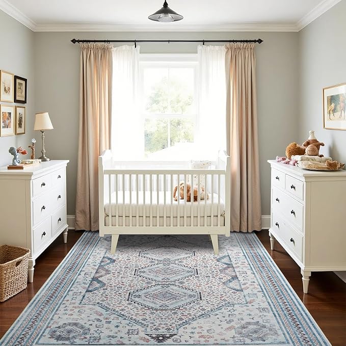 Maxsoft 8x10 Area Rug,Vintage Machine Washable Rugs for Living Room, Soft Non-Slip Low Pile Rug, Stain Resistant Rugs for Kitchen, Bedroom, Dining Room,Laundry Room,Nursery (Beige Blue)