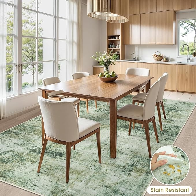 10x14 Area Rugs Living Room Rugs: Large Washable Rug with Anti-Slip Backing Non-Shedding Stain-Resistant Soft Abstract Carpet for Bedroom Dining Room Nursery Home Office Green Brown