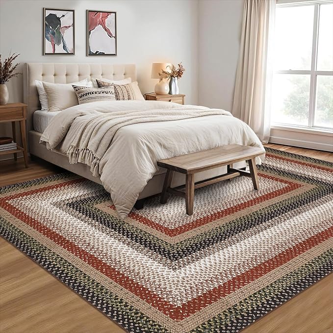 Imitation Braided Collection-Print Washable Area Rugs 10x13 Living Room Rug Modern Bedroom Rug Farmhouse Soft Large Area Rug Non Slip Throw Rugs Stain Resistant Carpet for Nursery Dining Room