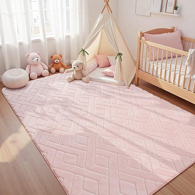 Ultra Soft Pink Area Rug for Living Room, 6x9 Modern Geometric Shag Rugs with Nonslip Backing for Bedroom, Washable Fuzzy Carpet for Cozy Kids Girls Room Nursery