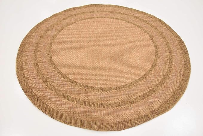 Unique Loom Outdoor Border Collection Area Rug - Multi Border (6' 1" Round, Tan/ Light Brown)