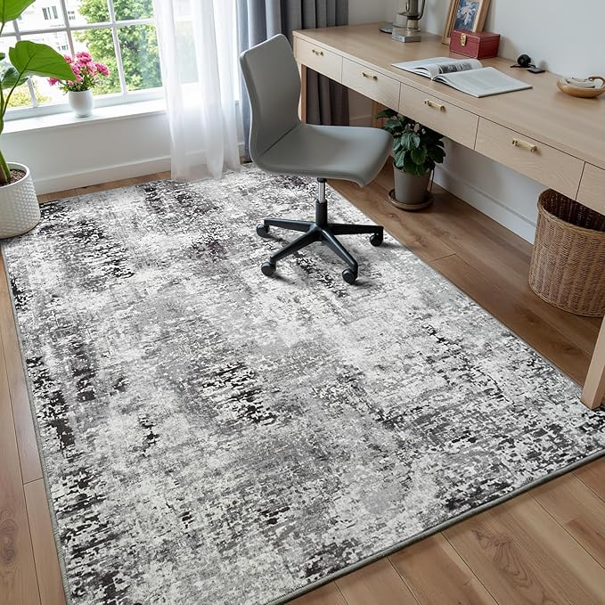 3x5 Dark Grey Washable Area Rug for Living Room Bedroom, Modern Abstract Non-Slip Rugs, Low Pile Soft Stain Resistant Carpet for Dining Room, Kitchen, Office, Dorm, Bedside Decor