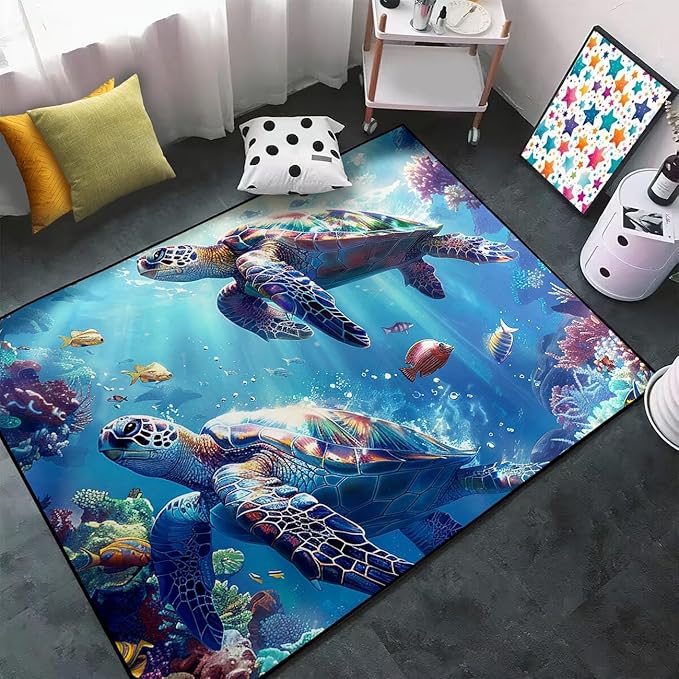 Sea Turtle Rug for Bedroom - Sea Turtle Ocean Animal Prints Carpet Rug for Kids Boys Room Underwater Ocean Theme Decor, 63" L x 47" W