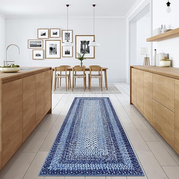 Washable Runner Rug 2x8 Bathroom Rugs Blue Modern Printed Braided Bedroom Rug Non Slip Geometric Area Rug Kitchen Rugs Stain Resistant Carpet for Laundry 2'x8' Navy Blue
