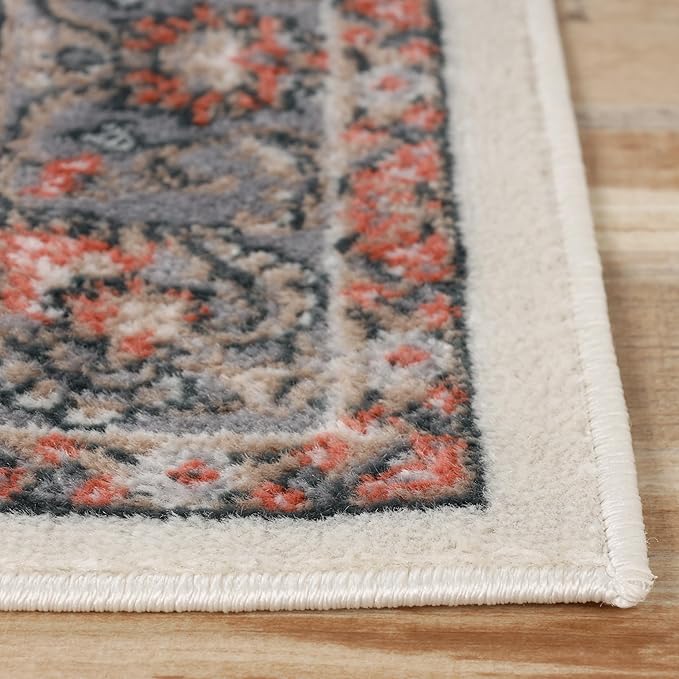 Superior Indoor Runner Rug, with Jute Backing, Chic Bordered Floor Decor for Living Room, Bedroom, Office, Entryway, Kitchen, Dining, Floral Design, Lille Collection, 2' 7" x 8', Brown-Salmon