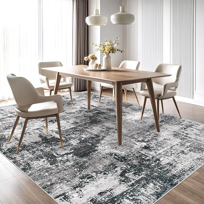 Washable Area Rug 9x12 Living Room Rugs: Abstract Large Rug Neutral Modern Carpet with Non Slip Backing for Bedroom Dining Room Office (Black Grey, 9'x12')
