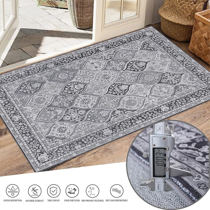 Yancorp 4'x6' Area Rug for Bedroom Washable Rug Vintage Carpet Anti Slip Living Room Big Area Rug for Dinning Room Table Grey