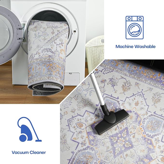 YJ.GWL Large Area Rug for Living Room, 5x7 Machine Washable Boho Rug for Bedroom, Low Pile Lightweight Thin Rugs Floral Vintage Distress Print Pattern Carpet for Dining Room, Cream/Blue