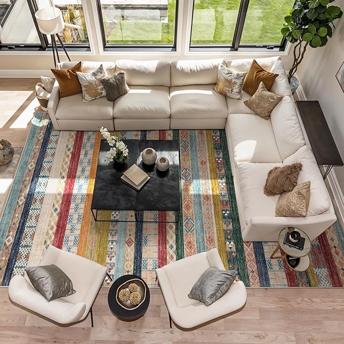 10x14 Washable Area Rug: Moroccan Large Neutral Boho Area Rug for Living Room & Bedroom Geometric Non-Slip Farmhouse Carpet for Living Room Red&Blue Colourful 10'x14'.