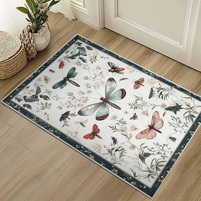 2x3 Entryway Rugs Machine Washable Area Rug Butterfly Nature Botanical Leaf Boho White Rug Non-Slip Low Pile Door Mat Entrance Small Carpet for Home Kitchen Bathroom Bedroom