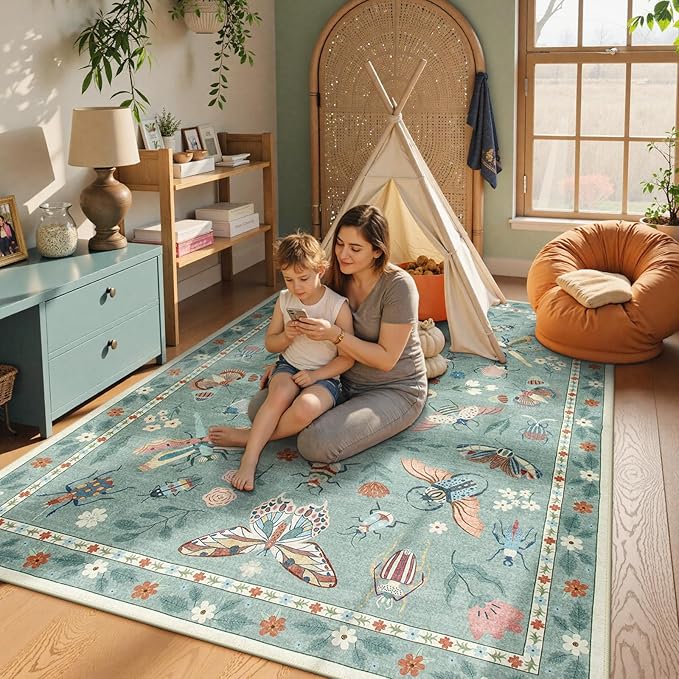 Beeiva Insect Print Rug 6x9, Throw Rugs for Living Room, Boho Washable Non Slip Soft Low Pile Ultra Thin Foldable Carpet for Office, Bedroom, Playroom, Dining Room - Light Green