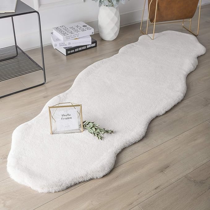 Ashler Faux Rabbit Fur Rug, White 2x6 ft Soft Fluffy Faux Fur Runner Rug, Shaggy Area Rug for Bedroom, Living Room, Machine Washable Nursery Rug