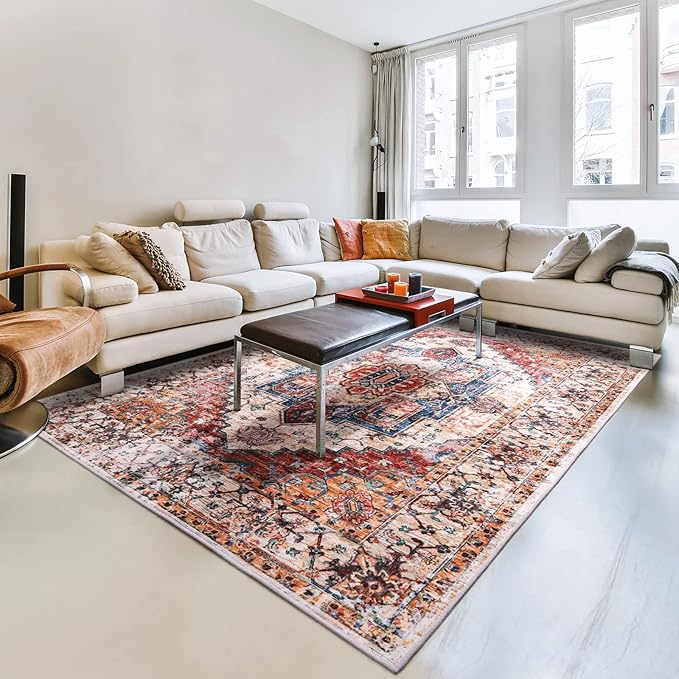 YJ.GWL Large Area Rug for Living Room, 5x7 Machine Washable Boho Rug for Bedroom, Low Pile Lightweight Thin Rugs Floral Vintage Distress Print Pattern Carpet for Dining Room, Orange