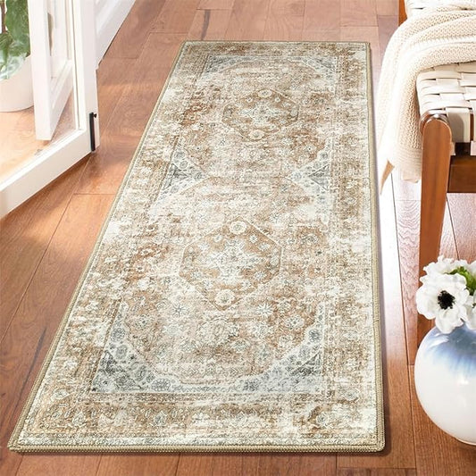 Boho Runner Rugs for Bedroom Hallways Washable Runner Rug Non Slip Throw Carpet for Entryway Bathroom Kitchen Bedside Girls Cute Long Soft Floral Light Gray Beige Home Decor 2'x6'