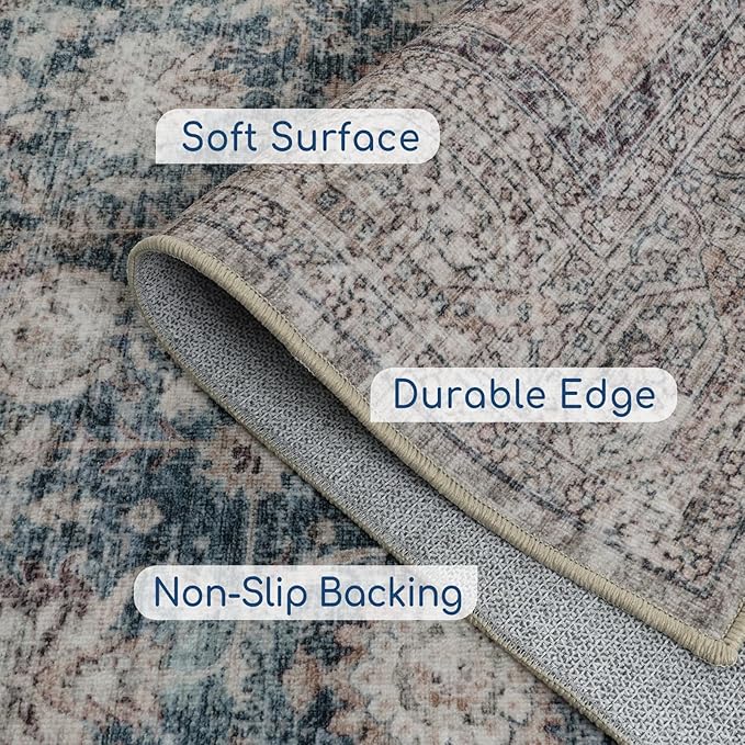 Vintage Living Room Rug, 7x9 Area Rug Large Washable Rugs for Bedroom, Soft Dining Room Carpet Non-Slip Non-Shedding Throw Rug for Farmhouse Indoor Kids Playroom (Teal/Antique 7x9)