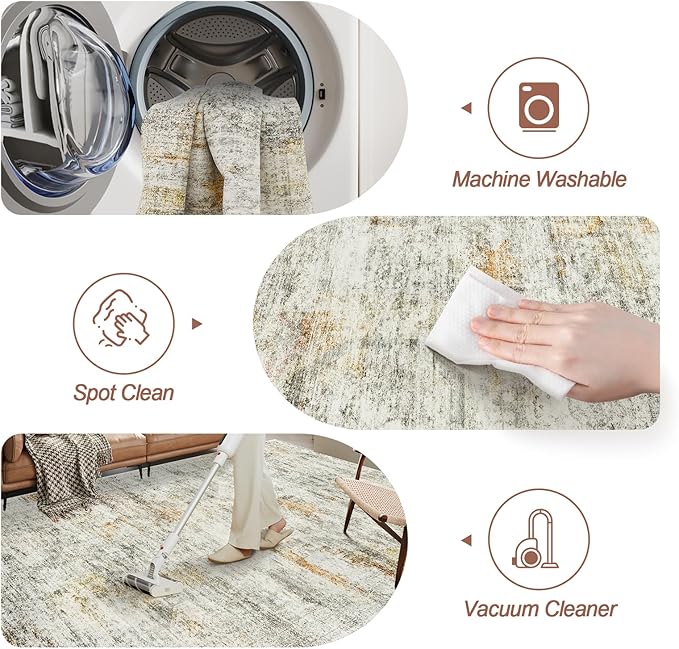 10x14 Area Rugs for Living Room, Non Slip Machine Washable Vintage Rugs, Low Pile Lightweight Large Rug for Bedroom, Dining Room, Home Office Gray Rust