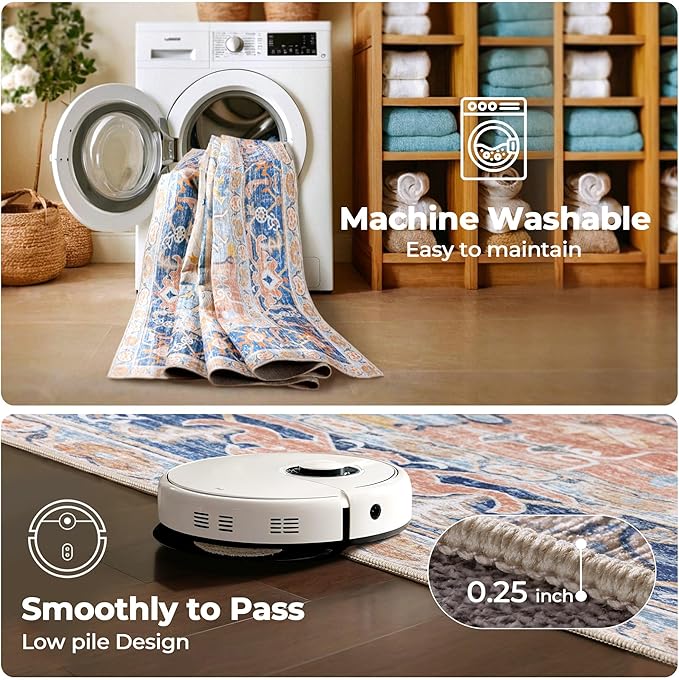 Washable Area Rugs 9x12 Living Room Boho Non Slip Thin Carpet Stain Resistant Vintage Multicolor Printed Oriental Distressed Rug for Bedroom Low Pile