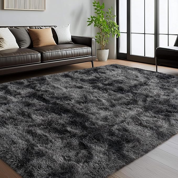 5x7 Shaggy Rugs for Living Room, Tie-Dyed Dark Grey Fluffy Area Rug for Bedroom, Soft Plush Shag Carpet for Kids Room, Indoor Non-Slip Fuzzy Rug