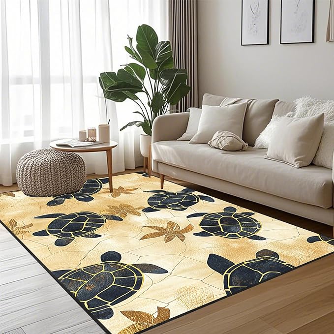 Yellow Sea Turtle Rug - Sea Turtle Carpet, Beach Themed Carpet for Kids Teens Adults Ocean Animal Rugs for Living Room Indoor Coastal Children Play Room Floor Mat 4.5x6 Feet