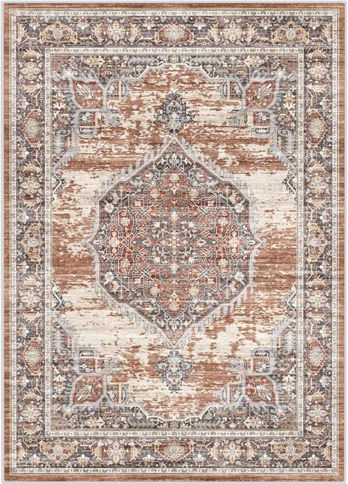 Washable Rug 8x10 Area Rugs: Super Soft Ultra-Thin Carpet - Non-Slip Backing Rugs for Bedroom Dining Room - Stain Resistant Vintage Large Area Rug 8'x10' Brick