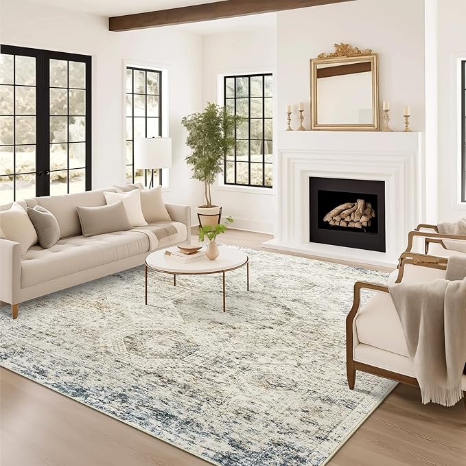 10x14 Area Rugs for Living Room, Non Slip Machine Washable Vintage Rugs, Low Pile Lightweight Large Rug for Bedroom, Dining Room, Home Office Blue Ivory