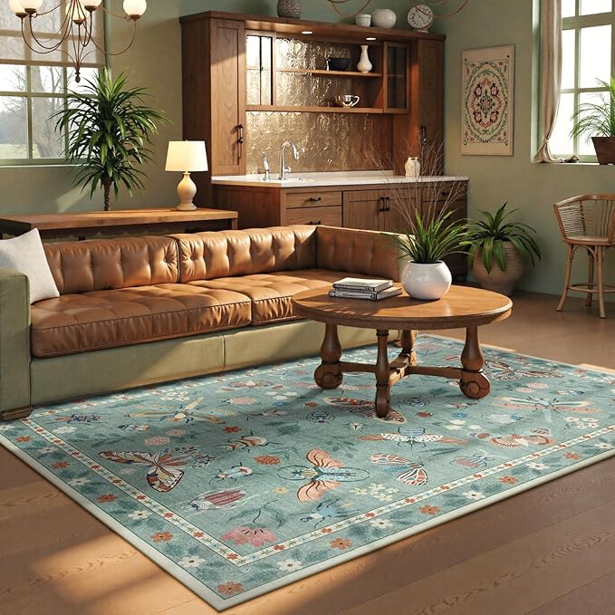Beeiva Insect Print Rug 5x7, Washable Large Area Rugs for Living Room Non Slip, Boho Soft Low Pile Ultra Thin Soft Carpet for Office, Bedroom, Kids Room, Playroom - Light Green
