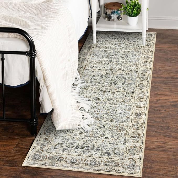 Runner Rug 2x6 Kitchen Runner Rugs Printed Vintage Floral Washable Runner Non-Slip Low Pile Hallway Runners Distressed Boho Rugs for Bedroom Laundry Room Doorway Entryway, Beige Yellow