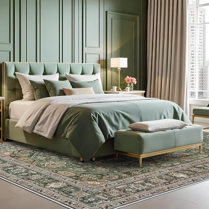 Living Room Area Rug 9x12 - Bedroom Washable Large Indoor Rugs Soft Distressed Oriental Vintage Rugs Non-Slip Backing 12ft 9ft Low Pile Stain Resistant Indoor Carpet Farmhouse 9x12 Green/Multi