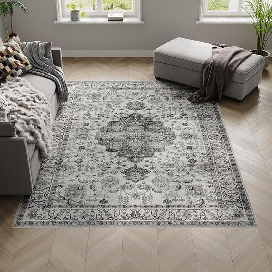 Dripex 4x6 Area Rugs, Machine Washable Non Slip Boho Rugs,Distressed Bedroom Rug, No Pile Lightweight Vintage Rug, Floor Carpet for Living Room,Dining Room and Office,Grey