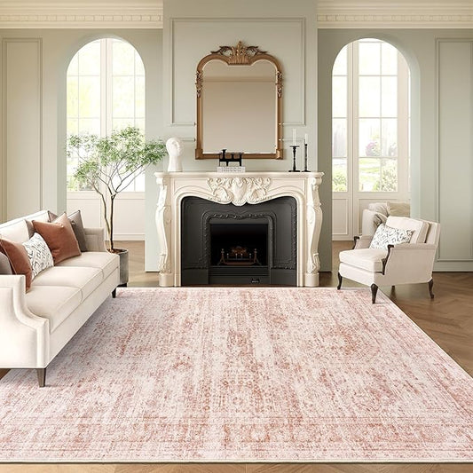 Washable Area Rug 8x10, Large Soft Rugs for Living Room Vintage Area Rugs for Bedroom Dining Room Non-Slip Stain Resistant Pink Rug Under Table Rug