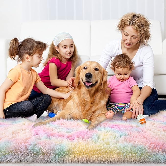 Noahas Fluffy Rainbow Rugs for Bedroom Girls,2x6 Shag Pink Kids Room Rug,Shaggy Area Rugs for Living Room,Soft Fuzzy Colorful Playroom Nursery Dorm Carpets Room Decor