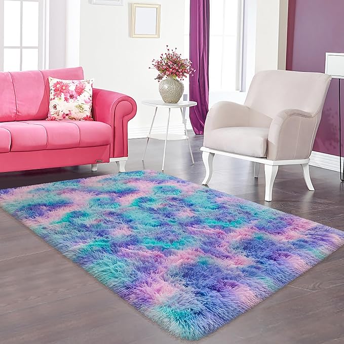 3x5Ft Purple Rainbow Area Rugs for Girls Room, Fluffy Colorful Rugs Cute Floor Carpets Shaggy Playing Mat for Kids Baby Girls Bedroom Nursery Home Decor Tie-Dyed Rainbow Rugs