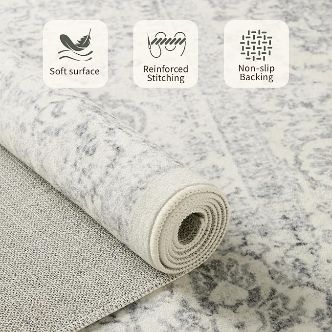 4x6 Washable Area Rug for Living Room, Neutral Vintage Boho Rugs for Office, Dining Room, Kids Room, Farmhouse, Durable Low Pile Non Slip Carpet for High Traffic Areas, Light Grey