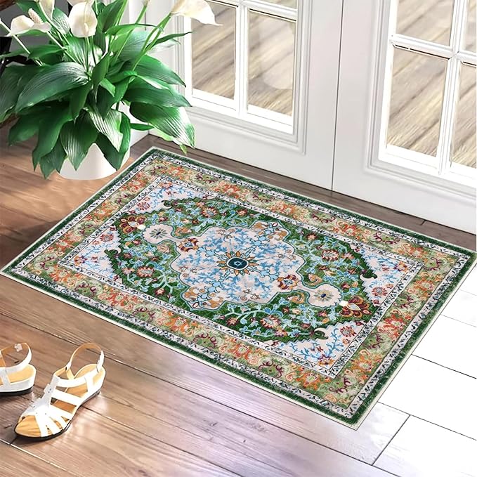 U'Artlines Washable Boho Area Rug, 2x3 Small Soft Non Slip Vintage Doormat for Indoor Front Door Green Mat Carpet for Entryway Kitchen Bathroom Bedroom