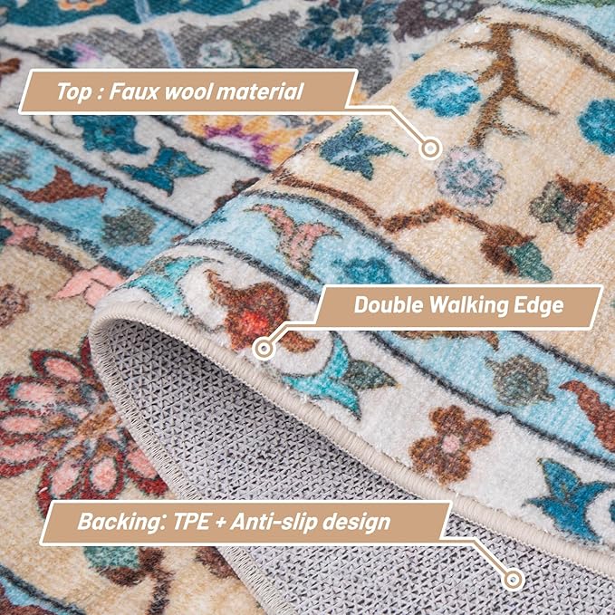 3x5 Area Rug, Washable Rugs for Living Room Bedroom Entryway Indoor Carpet, Vintage Boho Rugs Low-Pile Floor Carpet (Multi-Colored)