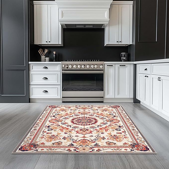 4x6 Area Rug Machine Washable Rugs Boho Orange Rug Non-Slip Low Pile Large Carpet for Home Kitchen Living Room Bedroom Dining Room Office