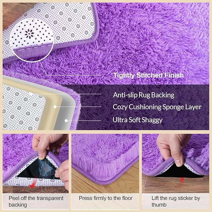 2x3 Rugs for Bedroom, Fluffy Area Rugs for Living Room, Soft Shag Kids Rug Small Carpet with 4 Non-Slip Rug Pads (Purple, 2ft x 3ft)
