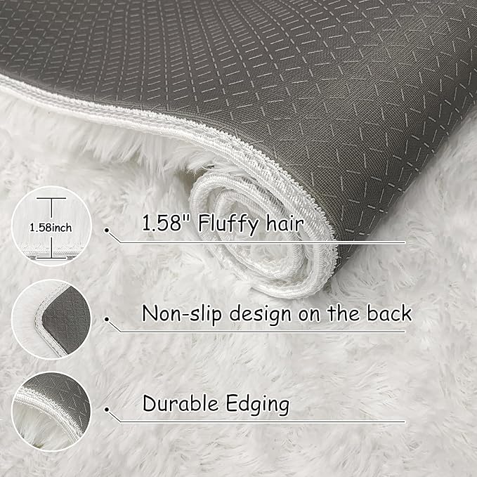 White Fluffy Rug for Bedroom Living Room, 2x3 Small Area Rug Furry Throw Bedside Rug for Dorm, Non-Slip Entryway Indoor Front Door Mat, Soft Plush Shag Carpet Washable for Nursery Kids Room