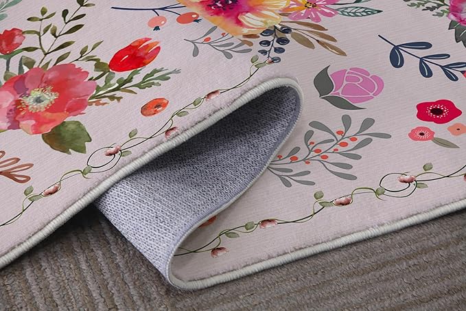 Bathroom Mat Floral Rugs Flower Botanical Modern Machine Washable Soft Plush Rug Carpet Non Slip Colorful Pink Aesthetic Area Rug for Entryway Kitchen Living Room Bedroom Dining Room Home 20x31.5 Inch