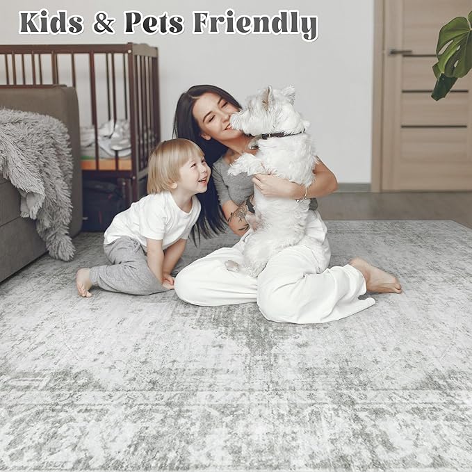 10x14 Area Rugs Washable Rug: Large Vintage Living Room Rug with Non-Slip Backing Low Pile Rugs Soft Indoor Floor Thin Carpet Neutral Carpets for Bedroom Dining Room Farmhouse Nursery Gray/Ivory