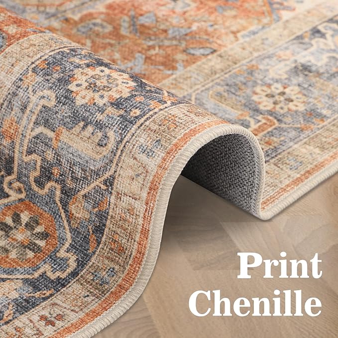 Dripex 4x6 Area Rugs, Machine Washable Non Slip Boho Rugs,Distressed Bedroom Rug, No Pile Lightweight Vintage Rug, Floor Carpet for Living Room,Dining Room and Office,Orange