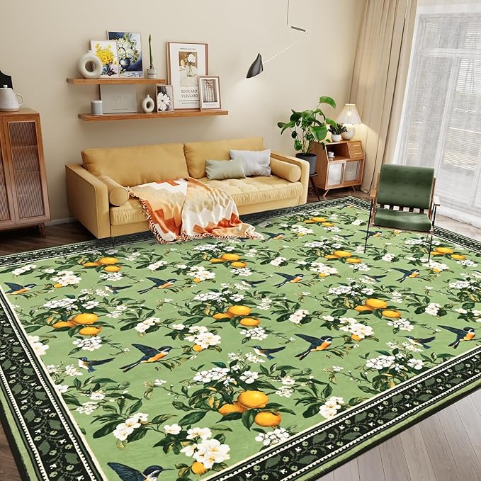 ASPMIZ Vintage Floral Area Rug 8x10 Sage Green Large Rugs for Living Room Washable Lemon Hummingbird Throw Rugs Non Slip Foldable Soft Low Pile Floor Carpet for Bedroom Kitchen Dining Room Nursery