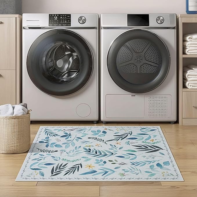 Syalife 3x5 Area Rugs, Non Slip Washable Low Pile Rugs for Living Room, Kitchen, Hallway, Bedroom Bedside, Kids Room, College Dorm (Blue Leafy, 3'x5')