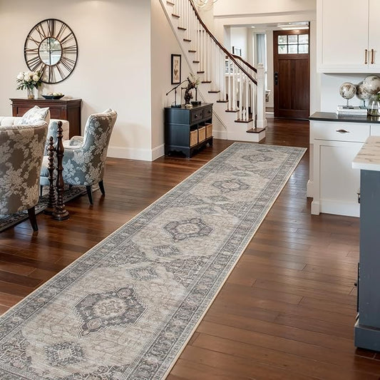 Lahome Oriental Hallway Runner Rug, 2.5x12 Washable Runners for Hallways Kitchen, Soft Distressed Non Shedding Long Carpet for Entryway ‎Laundry Room, Grey/Brown