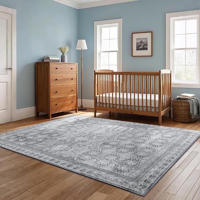 4x6 Area Rug for Bedroom Machine Washable, Non Slip Vintage Floral Kitchen Rugs for Dining Room,Rustic Indoor Floor Carpet for Kids Room, Playroom, Office Classroom Faded Grey