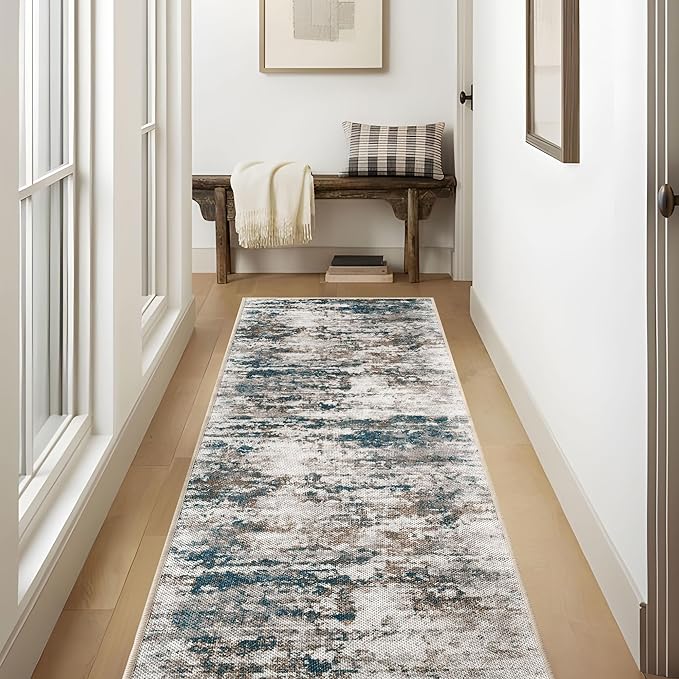 Abstract Washable Runner Rug, 2.6x8 Hallway Runner Rugs No Pile Tear and Stain Resistance, Non-Slip, Hand Woven Style 2.6x8 Kitchen Thin Rug for High traffic Hallway Entrance Laundry- Multi