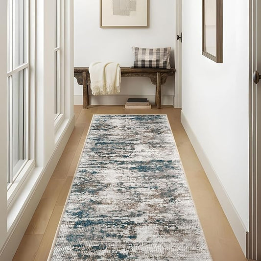Abstract Washable Runner Rug, 2.6x8 Hallway Runner Rugs No Pile Tear and Stain Resistance, Non-Slip, Hand Woven Style 2.6x8 Kitchen Thin Rug for High traffic Hallway Entrance Laundry- Multi