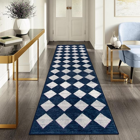 Lahome Checkered 2x8 Hallway Runner Rug,Soft Kitchen Runner Rugs Non Skid Washable,Blue Bathroom Carpet Runners,Moroccan Trellis Low Pile Rug Runners for Entryway Laundry Room Foyer(2'x8',Blue)